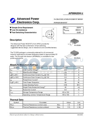 AP09N20J datasheet - N-CHANNEL ENHANCEMENT MODE