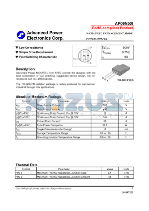AP09N50I datasheet - N-CHANNEL ENHANCEMENT MODE POWER MOSFET