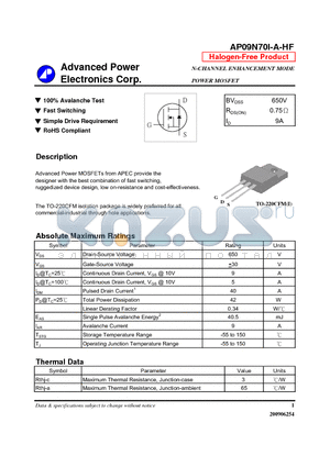 AP09N70I-A-HF datasheet - N-CHANNEL ENHANCEMENT MODE POWER MOSFET
