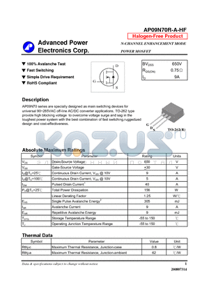 AP09N70R-A-HF datasheet - N-CHANNEL ENHANCEMENT MODE POWER MOSFET