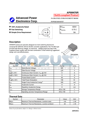 AP09N70R_09 datasheet - N-CHANNEL ENHANCEMENT MODE POWER MOSFET