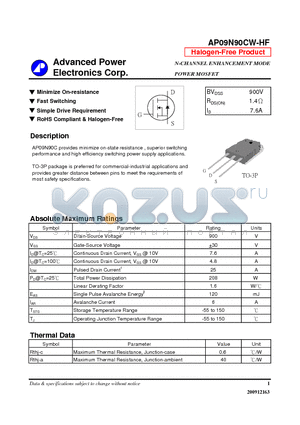 AP09N90CW-HF datasheet - N-CHANNEL ENHANCEMENT MODE POWER MOSFET