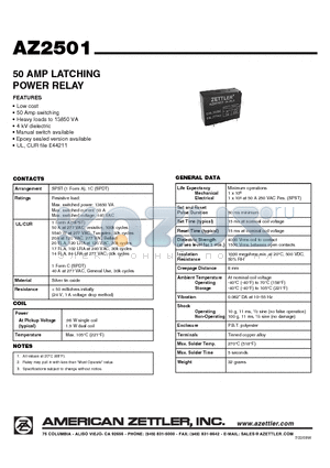 AZ2501P2-1C-24D datasheet - 50 AMP LATCHING POWER RELAY