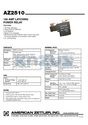 AZ2510P1-1A-24D datasheet - 100 AMP LATCHING POWER RELAY