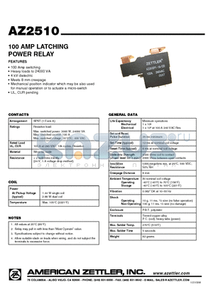 AZ2510P2-1A-48D datasheet - 100 AMP LATCHING POWER RELAY