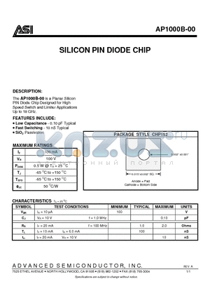 AP1000B-00 datasheet - SILICON PIN DIODE CHIP