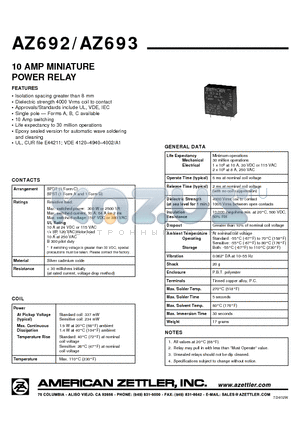 AZ2692-112-2 datasheet - 10 AMP MINIATURE POWER RELAY