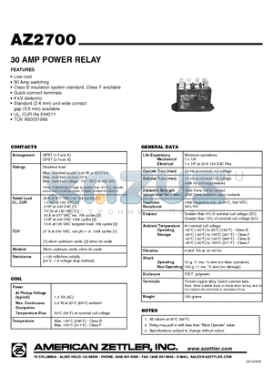 AZ2700-1A-12D datasheet - 30 AMP POWER RELAY