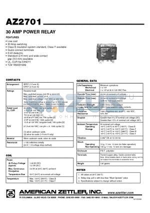 AZ2701 datasheet - 30 AMP POWER RELAY