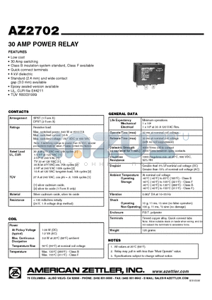AZ2702 datasheet - 30 AMP POWER RELAY