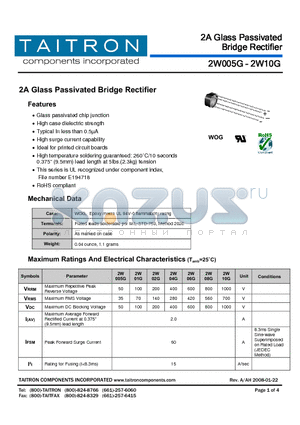 2W005G datasheet - 2A Glass Passivated Bridge Rectifier