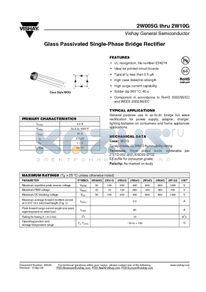2W005G datasheet - Glass Passivated Single-Phase Bridge Rectifier