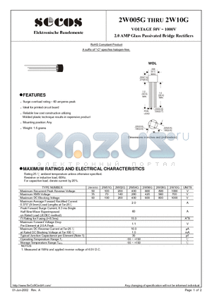 2W005G datasheet - 2.0 AMP Glass Passivated Bridge Rectifiers