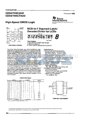 CD54-74HC4543 datasheet - HIGH-SPEED CMOS LOGIC(BCD-TO7 SEGMENT LATCH/DECODER/DRIVER FOR LCDS)
