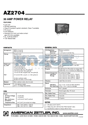 AZ2704-1A-12A datasheet - 30 AMP POWER RELAY
