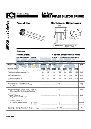 2W01 datasheet - 2.0 Amp SINGLE PHASE SILICON BRIDGE