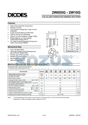 2W01G datasheet - 2.0A GLASS PASSIVATED BRIDGE RECTIFIER