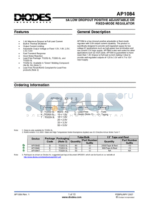 AP1084T15G-13 datasheet - 5A LOW DROPOUT POSITIVE ADJUSTABLE OR FIXED-MODE REGULATOR