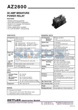 AZ2800 datasheet - 30 AMP MINIATURE POWER RELAY