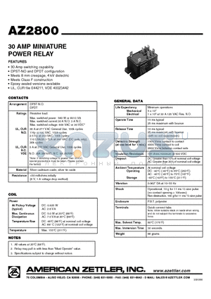 AZ2800 datasheet - 30 AMP MINIATURE POWER RELAY