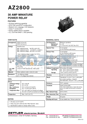 AZ2800-2C-120A5 datasheet - 30 AMP MINIATURE POWER RELAY