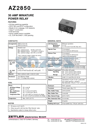 AZ2850-2C-120A5 datasheet - 30 AMP MINIATURE POWER RELAY