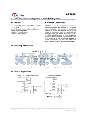 AP1086 datasheet - 1.5A Low Dropout Positive Adjustable or Fixed-Mode Regulator