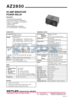 AZ2850-2C-48D datasheet - 30 AMP MINIATURE POWER RELAY