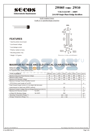 2W04 datasheet - 2.0AMP Single Phase Bridge Rectifiers