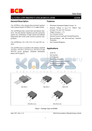 AZ2940D-2.5E1 datasheet - 1A ULTRA LOW DROPOUT LINEAR REGULATOR