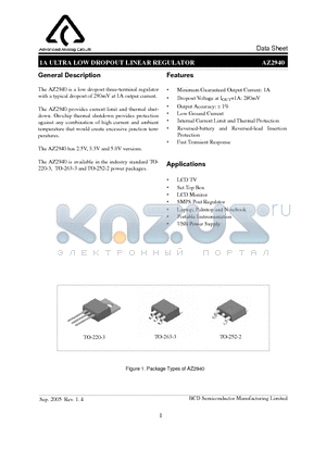 AZ2940S-2.5E1 datasheet - 1A ULTRA LOW DROPOUT LINEAR REGULATOR