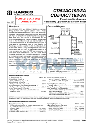 CD54AC193 datasheet - Presettable Synchronous 4-Bit Binary Up/Down Counter with Reset
