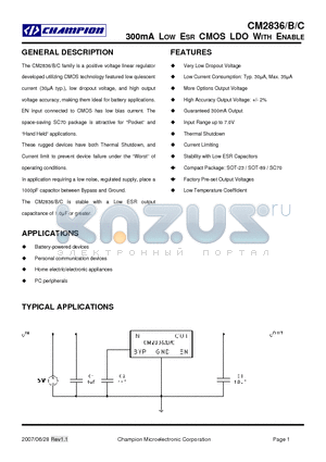 CM2836BGSIM25 datasheet - 300mA LOW ESR CMOS LDO WITH ENABLE