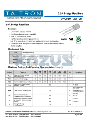 2W06M datasheet - 2.0A Bridge Rectifiers
