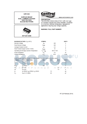CZR1-04C_10 datasheet - SURFACE MOUNT DUAL, COMMON CATHODE HIGH VOLTAGE SILICON RECTIFIERS