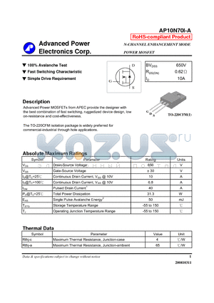 AP10N70I-A datasheet - N-CHANNEL ENHANCEMENT MODE POWER MOSFET