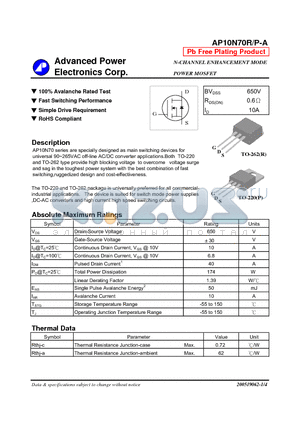 AP10N70R datasheet - N-CHANNEL ENHANCEMENT MODE POWER MOSFET