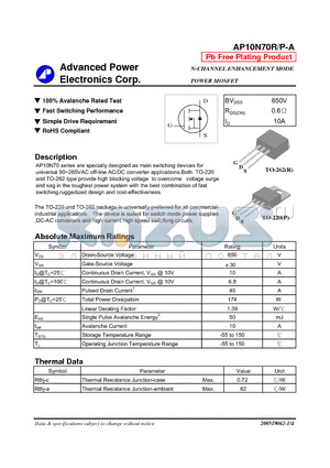 AP10N70P-A datasheet - N-CHANNEL ENHANCEMENT MODE POWER MOSFET