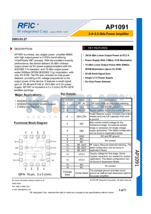 AP1091 datasheet - 2.4~2.5 GHz Power Amplifier
