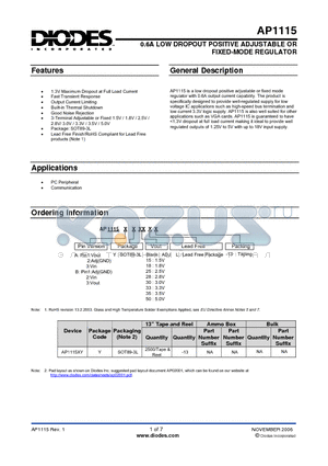 AP1115AL-13 datasheet - 0.6A LOW DROPOUT POSITIVE ADJUSTABLE OR FIXED-MODE REGULATOR