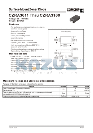 CZRA3091 datasheet - Surface Mount Zener Diode