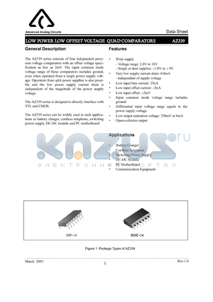 AZ339P datasheet - LOW POWER LOW OFFSET VOLTAGE QUAD COMPARATORS