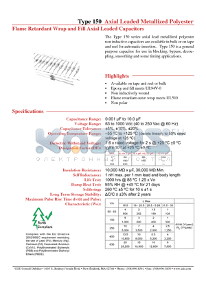 150102J630BB1 datasheet - Type 150 Axial Leaded Metallized Polyester