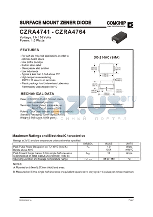 CZRA4750 datasheet - SURFACE MOUNT ZENER DIODE