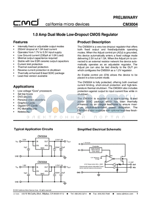 CM3004-25SF datasheet - 1.0 Amp Dual Mode Low-Dropout CMOS Regulator