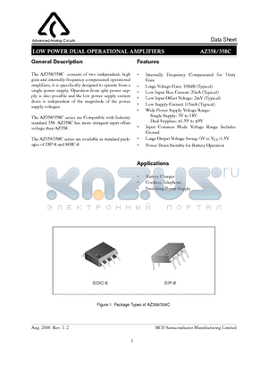 AZ358CP datasheet - LOW POWER DUAL OPERATIONAL AMPLIFIERS