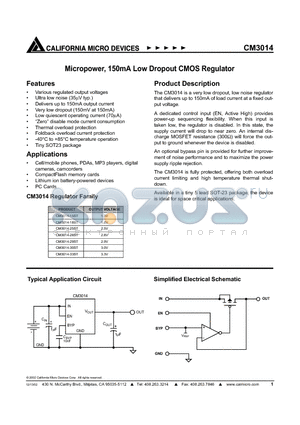 CM3014-15ST datasheet - MICROPOWER, 150MA LOW DROPOUT CMOS REGULATOR