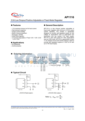 AP1116Y15L datasheet - 0.5A Low Dropout Positive Adjustable or Fixed-Mode Regulator