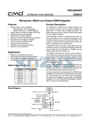 CM3015-25MA datasheet - Micropower, 300mA Low Dropout CMOS Regulator