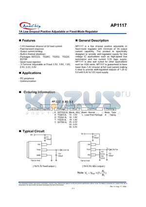 AP1117-1.9 datasheet - 1A Low Dropout Positive Adjustable or Fixed-Mode Regulator